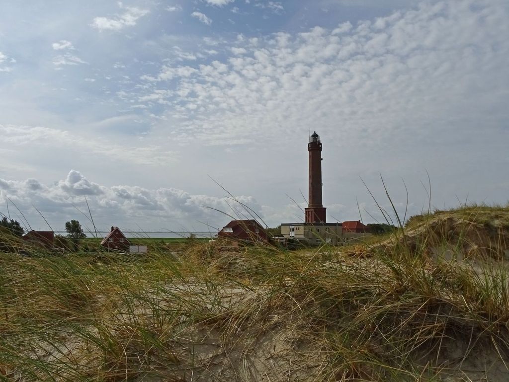Blick von den Dünen auf den Leuchtturm von Norderney