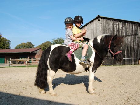 Ein Reitplatz mit zwei Kindern auf einem Pony in Rastede
