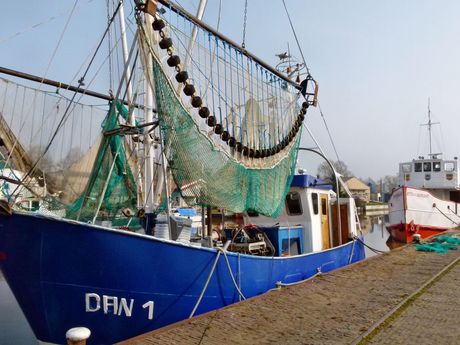 Ein blauer Fischkutter liegt im Vareler Hafen